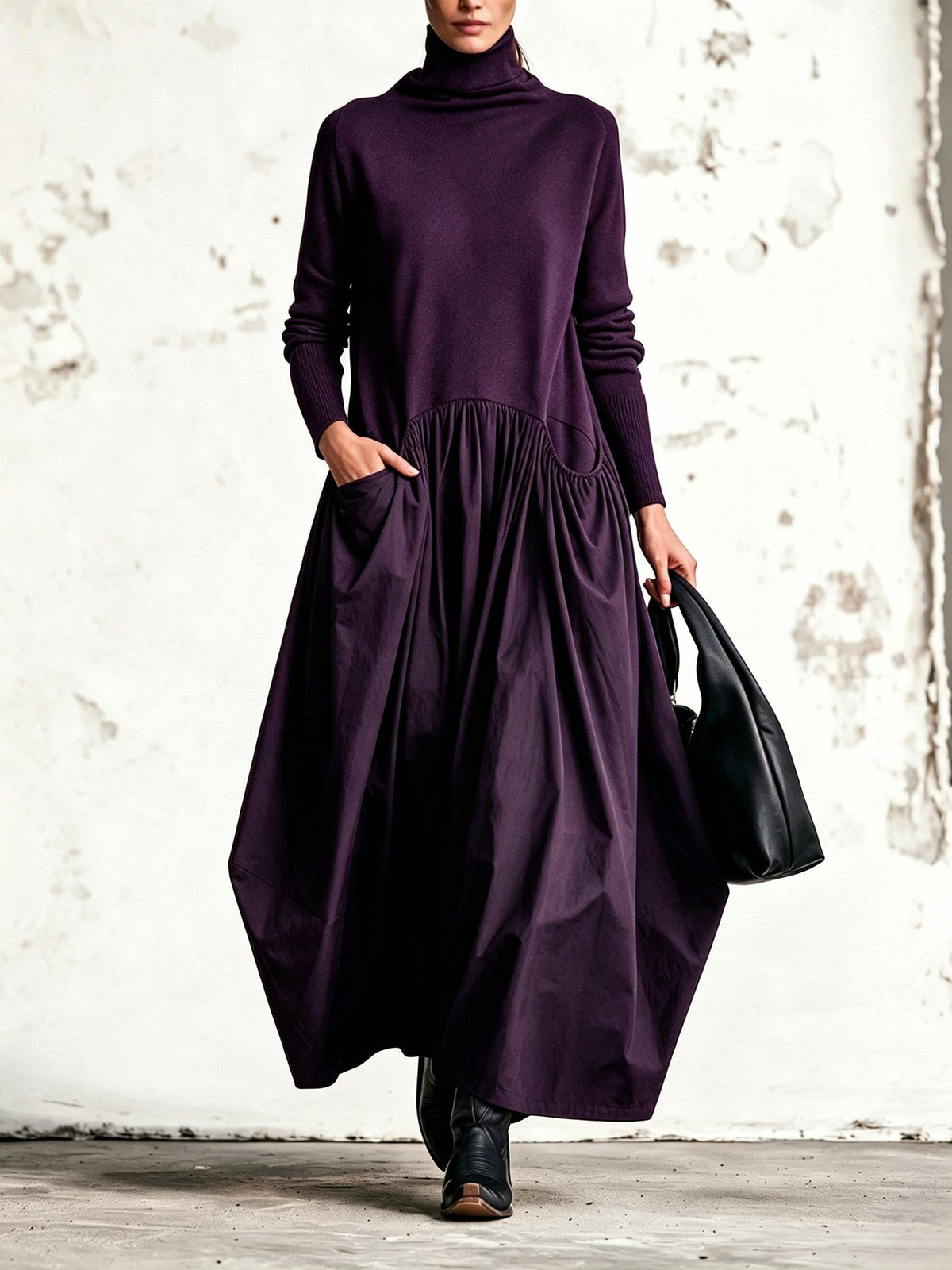 Vestido largo oversize de cuello alto con bolsillos