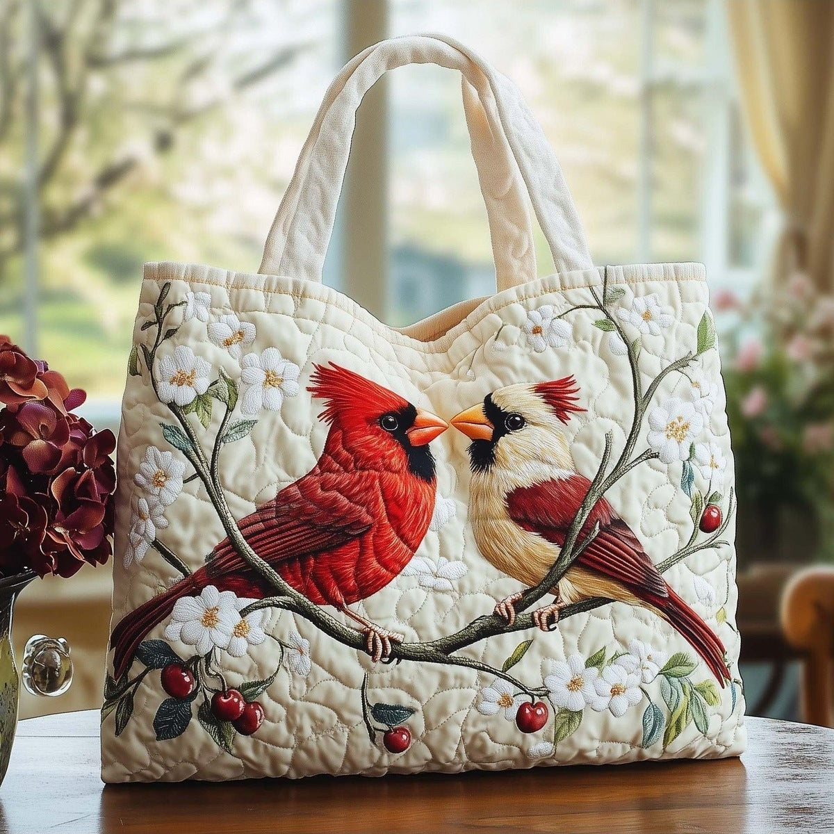 Clotilde | Bolso Tote Acolchado Pájaros y Flor de Cerezo
