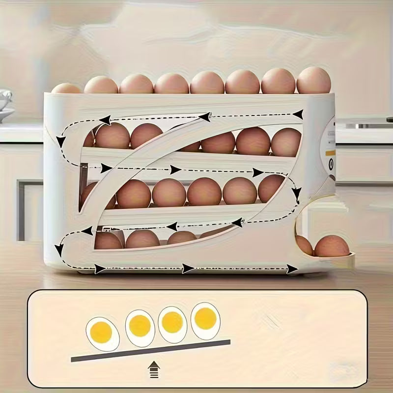 EggTower 30 — Organizador de huevos de 4 niveles para encimera y refrigerador (puerta lateral, 30 huevos, asa, acabado brillante)