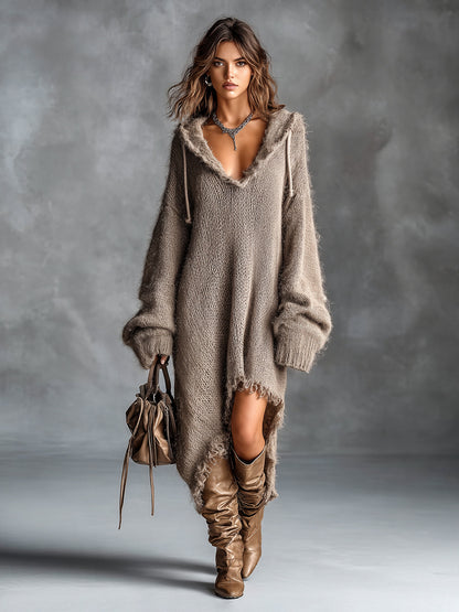 Vestido midi oversize de punto afelpado con capucha