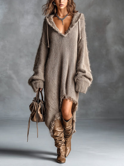 Vestido midi oversize de punto afelpado con capucha