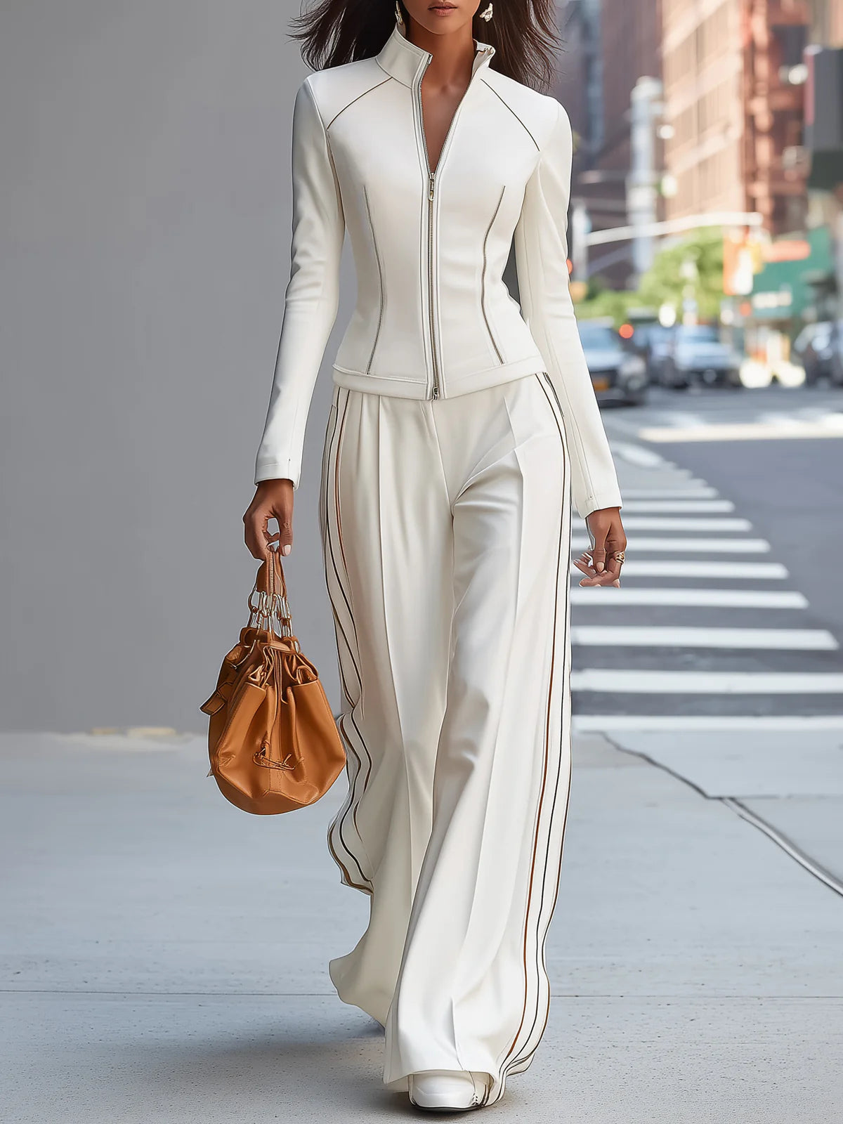 Conjunto Blanco de Cuello Alto con Cremallera y Pantalones de Pierna Ancha