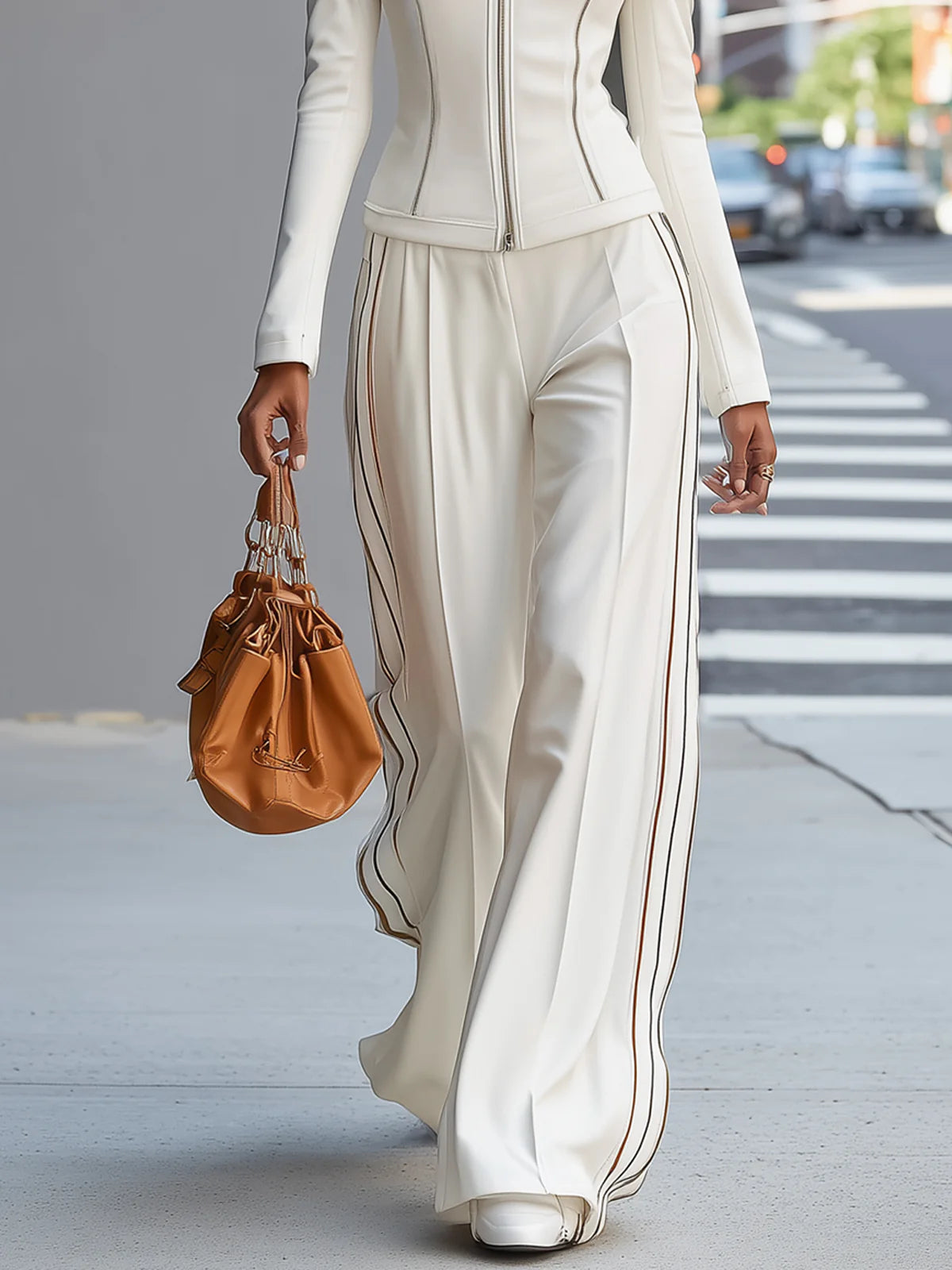 Conjunto Blanco de Cuello Alto con Cremallera y Pantalones de Pierna Ancha