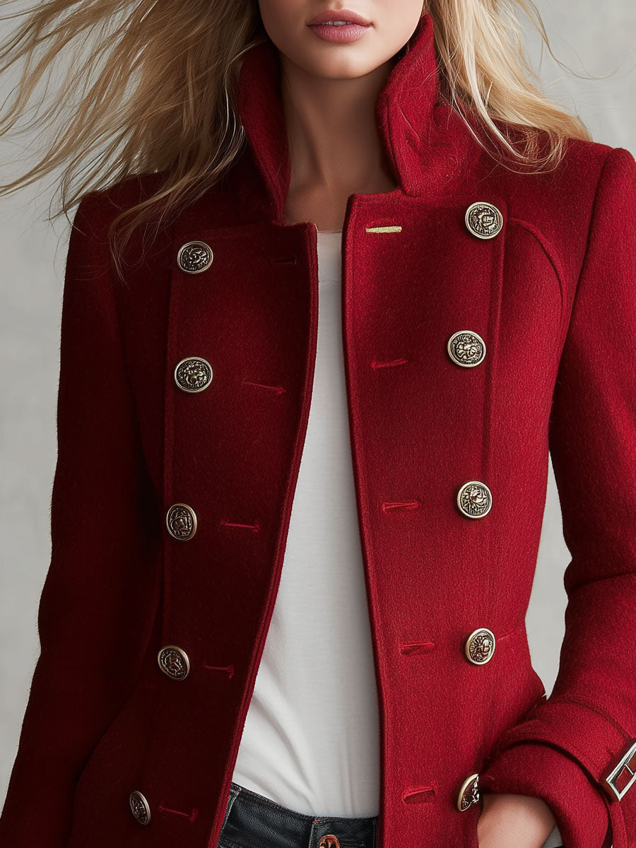 Abrigo rojo retro cruzado con cuello alto