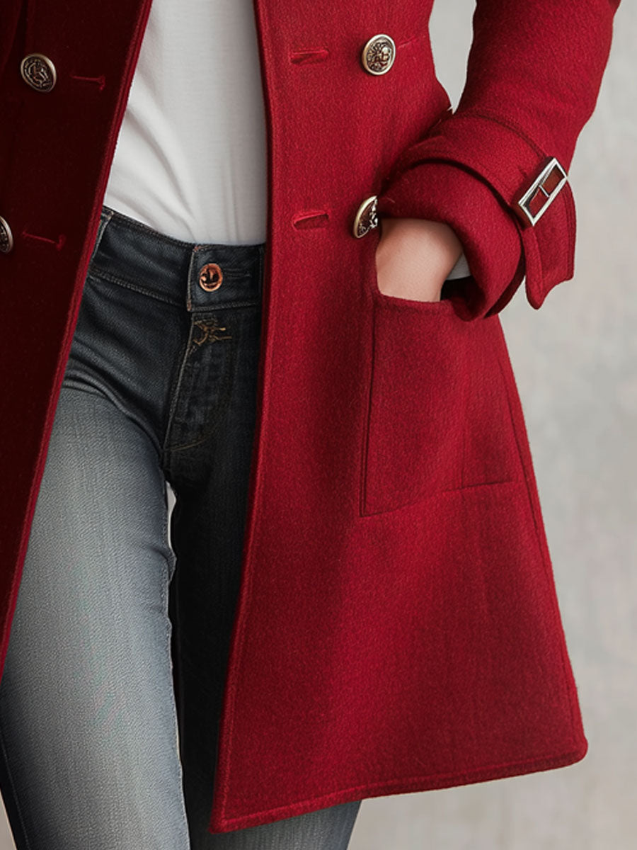 Abrigo rojo retro cruzado con cuello alto