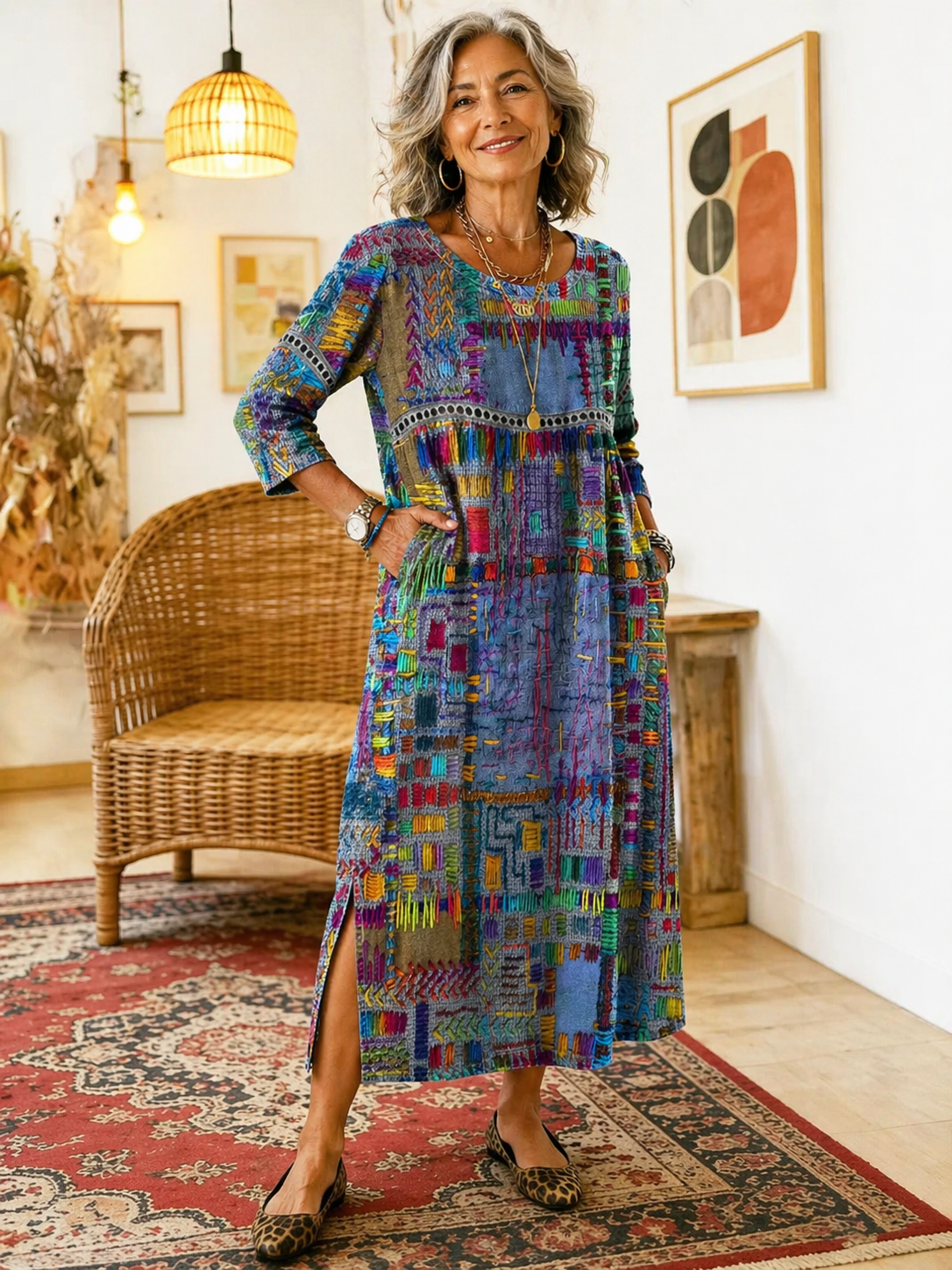 Celeste | Vestido con Patchwork Étnico