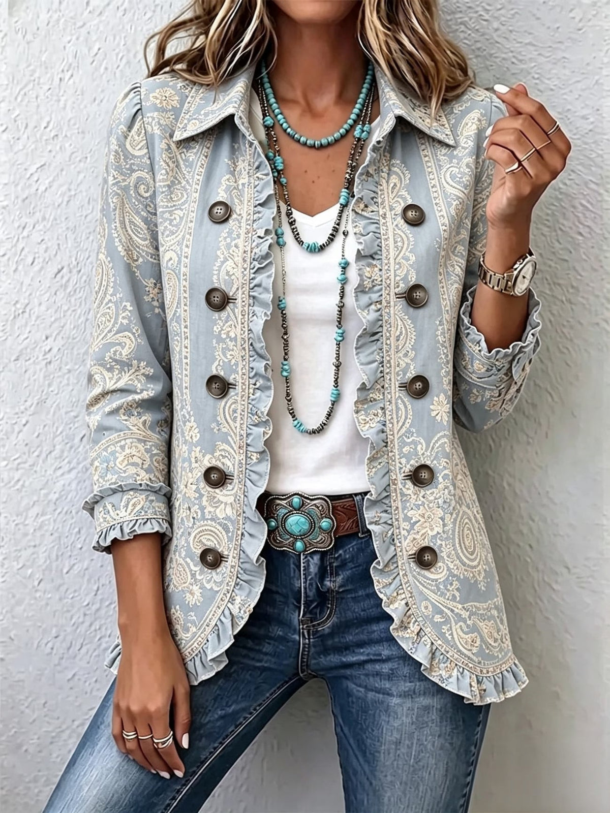 Amaia | Chaqueta Entallada con Volantes y Estampado Cachemir