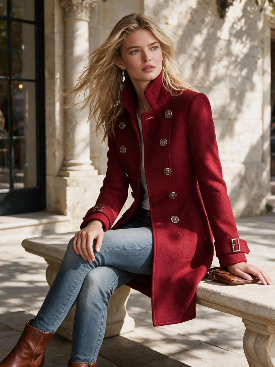 Abrigo rojo retro cruzado con cuello alto