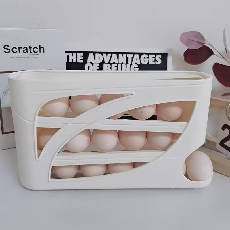 EggTower 30 — Organizador de huevos de 4 niveles para encimera y refrigerador (puerta lateral, 30 huevos, asa, acabado brillante)