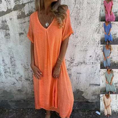 Vestido midi de algodón y lino con cuello en V