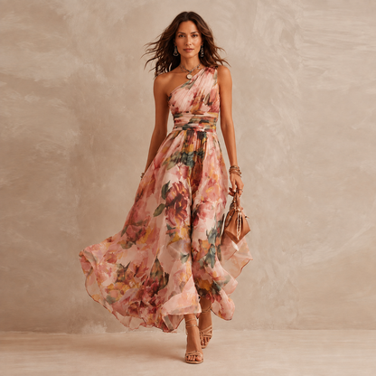 Celeste | Vestido largo floral de un hombro