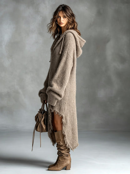 Vestido midi oversize de punto afelpado con capucha