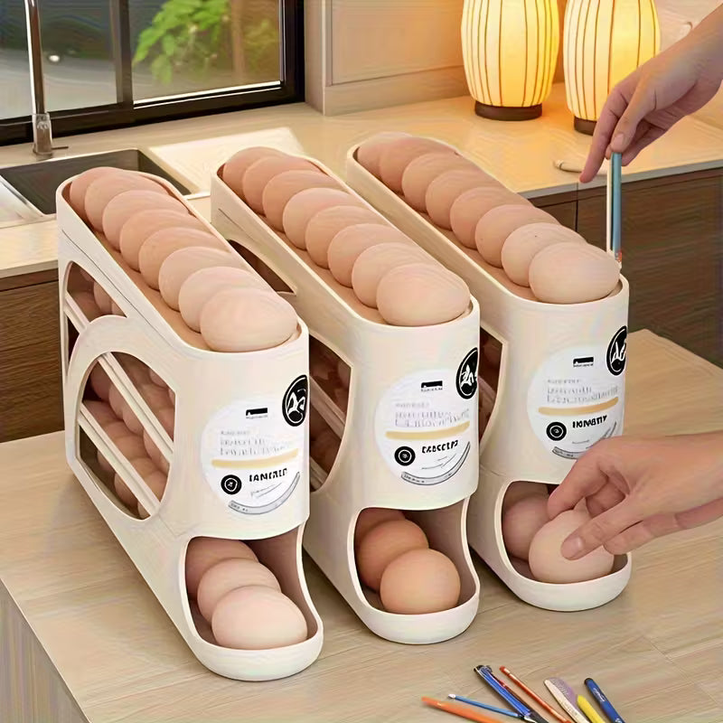 EggTower 30 — Organizador de huevos de 4 niveles para encimera y refrigerador (puerta lateral, 30 huevos, asa, acabado brillante)