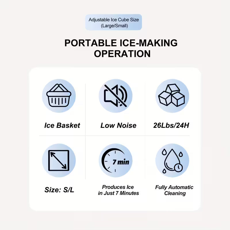 FrostFlow 26 — Máquina de hielo para encimera, 26 lbs/día, portátil con asa + cesta y pala