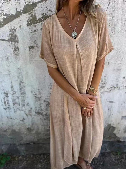 Vestido midi de algodón y lino con cuello en V