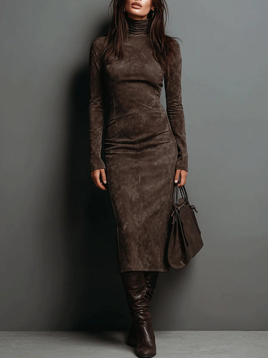 Lorène | Vestido midi marrón de efecto ante