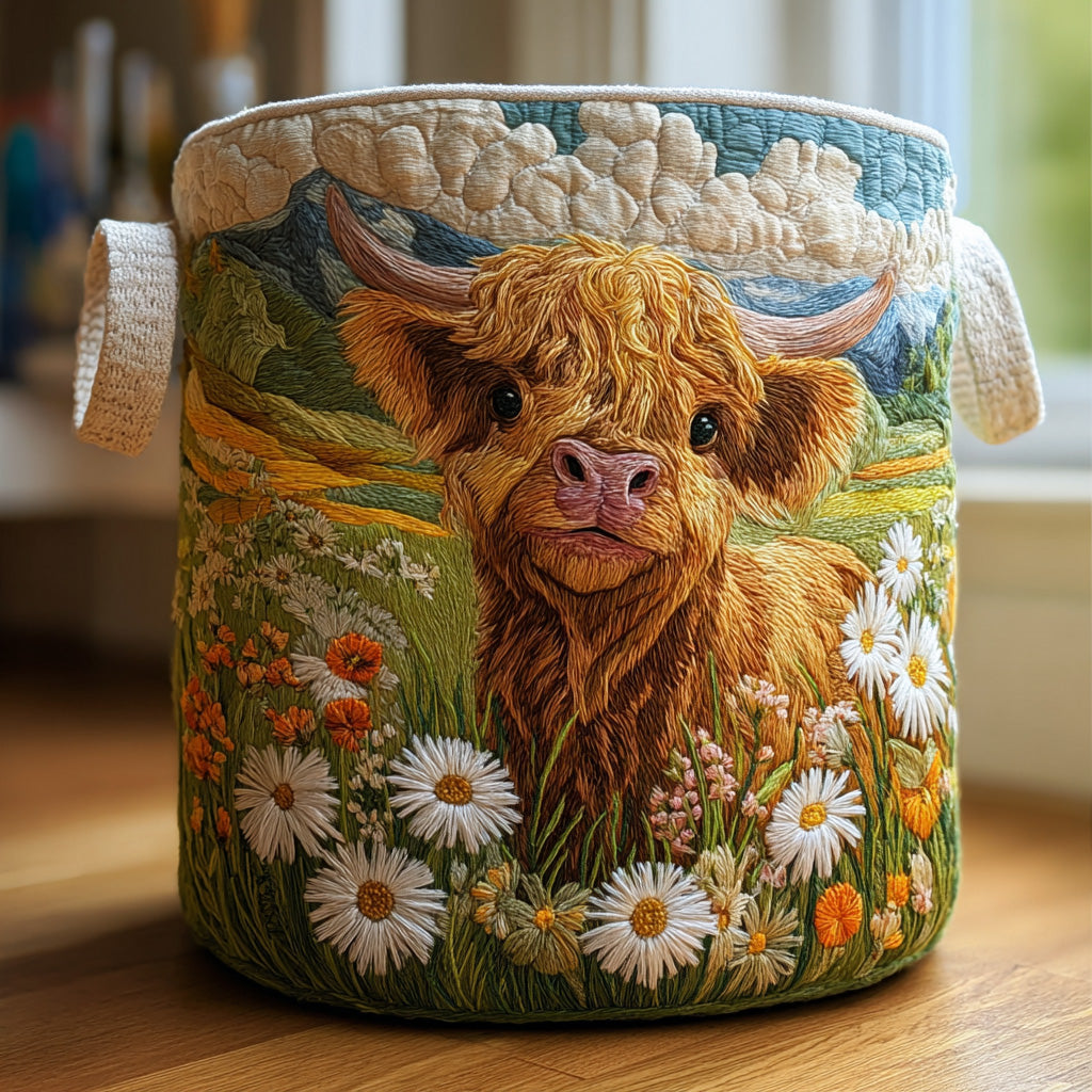 Carmen | Cesto de Ropa Acolchado Vacas Highland y Flores