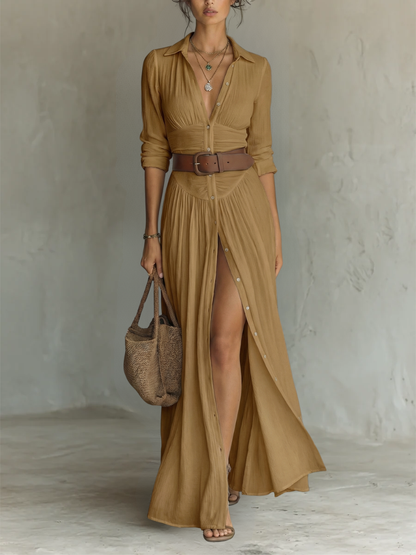 Vestido Maxi Largo con Cuello Solapa y Mangas Largas