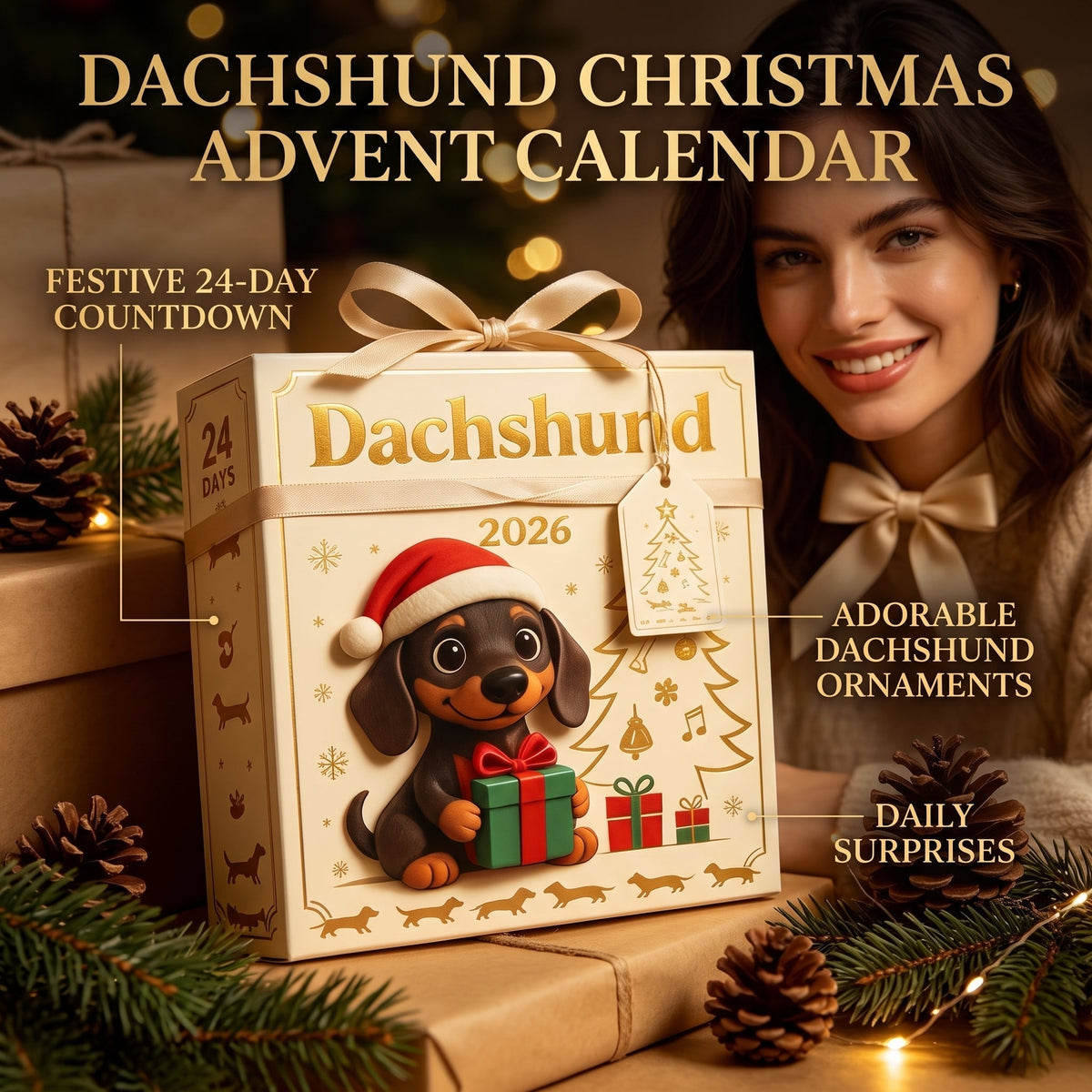 Calendario de Adviento navideño de perros salchicha