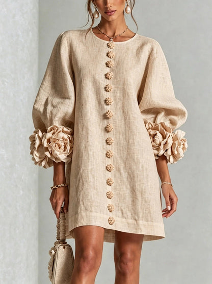Vestido floral con mangas farol y cuello redondo