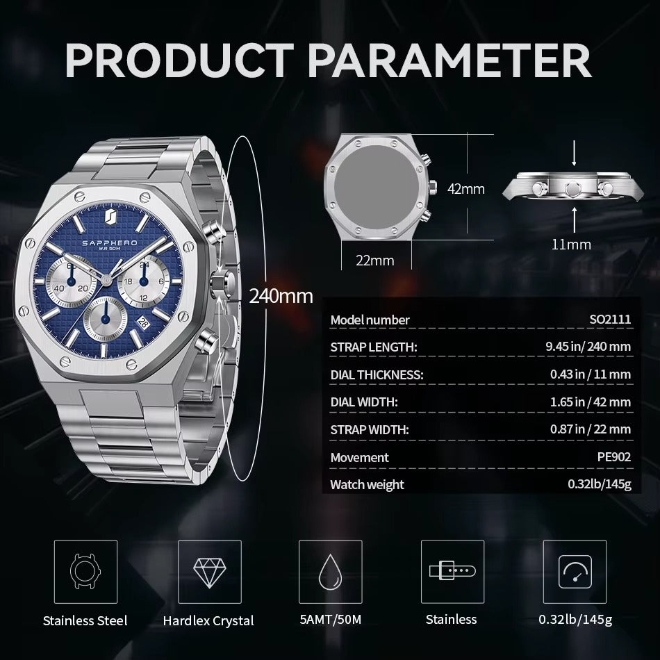 Reloj deportivo cronógrafo automático premium (42 mm, cristal de zafiro)