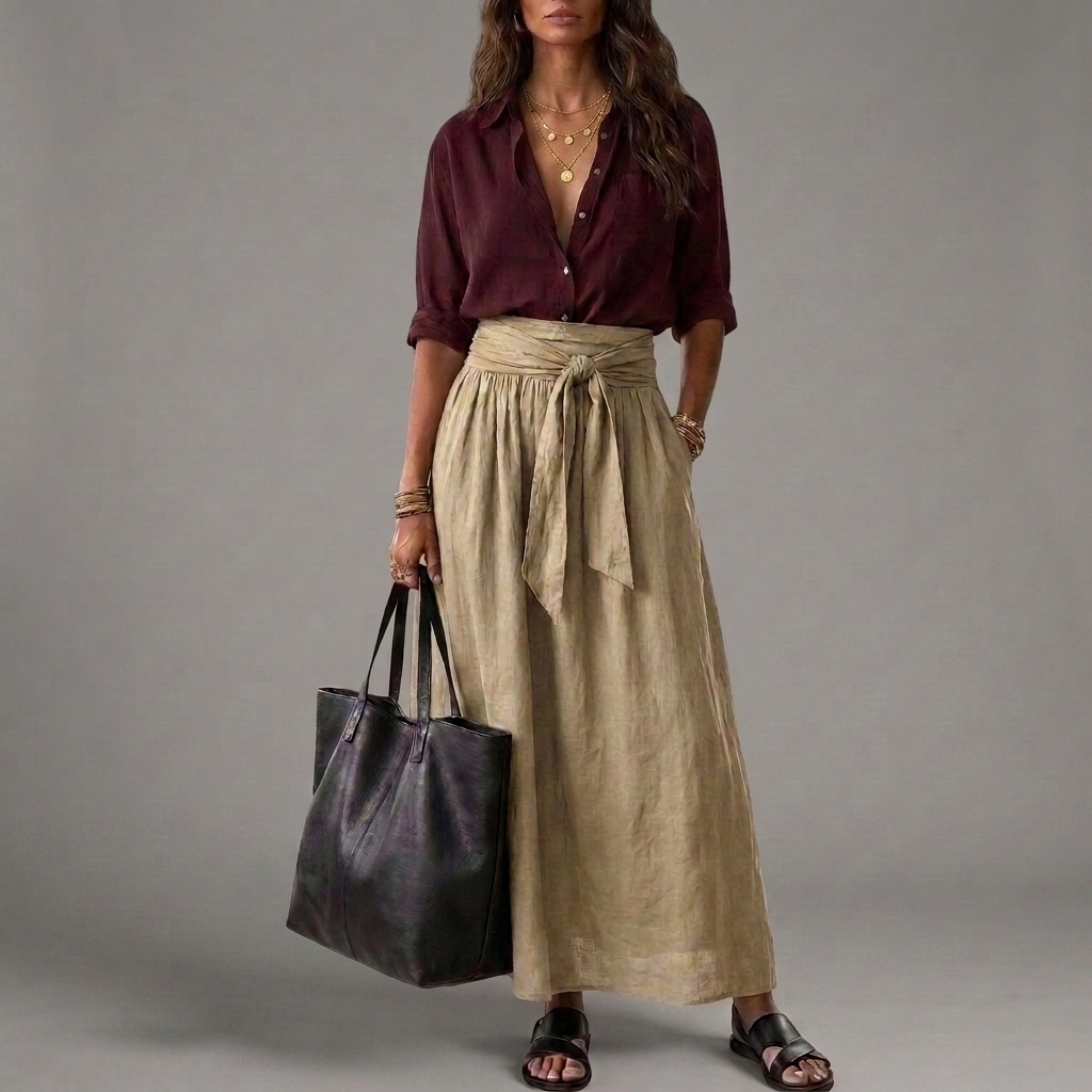 Malena | Conjunto de Dos Piezas: Blusa Negra y Falda Midi Verde Oliva