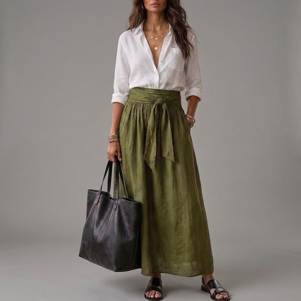 Malena | Conjunto de Dos Piezas: Blusa Negra y Falda Midi Verde Oliva