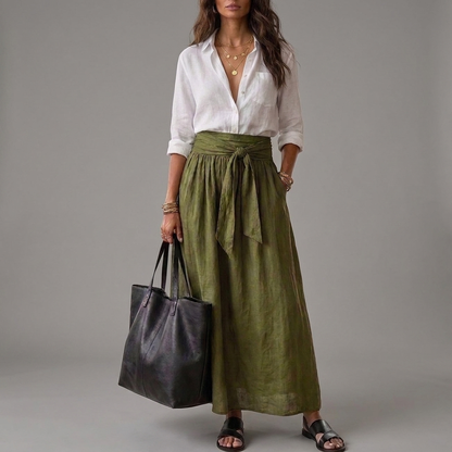 Malena | Conjunto de Dos Piezas: Blusa Negra y Falda Midi Verde Oliva