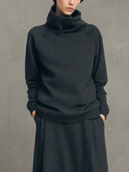 Conjunto Gris Carbón de Top Cuello Alto y Falda Larga Acampanada