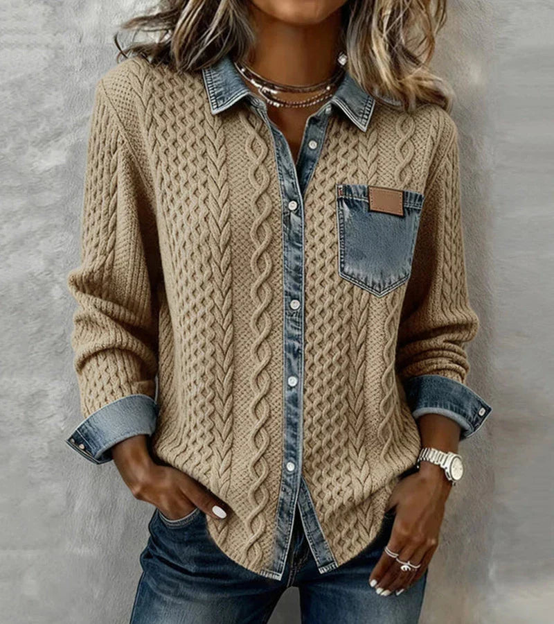 Ambra | Top de punto patchwork con detalles denim