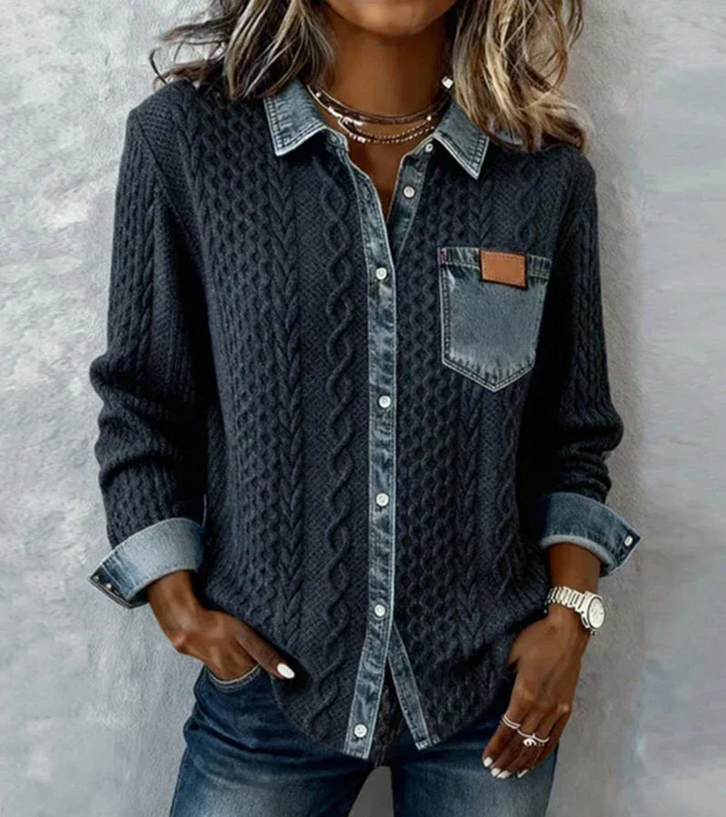 Ambra | Top de punto patchwork con detalles denim