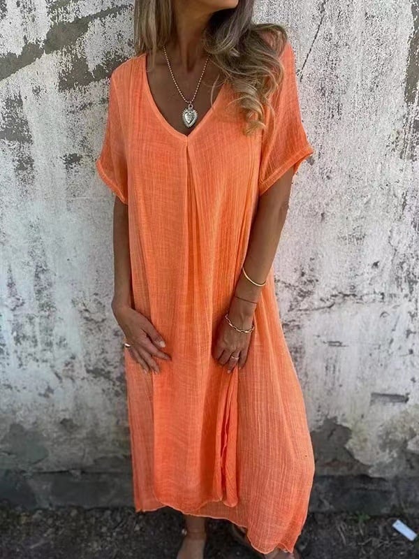 Vestido midi de algodón y lino con cuello en V