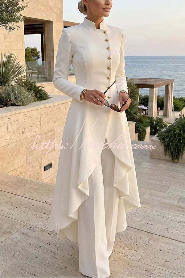 Jemma | Conjunto de blusa de cuello alto, manga larga y bajo asimétrico con botones y pantalón de pernera ancha