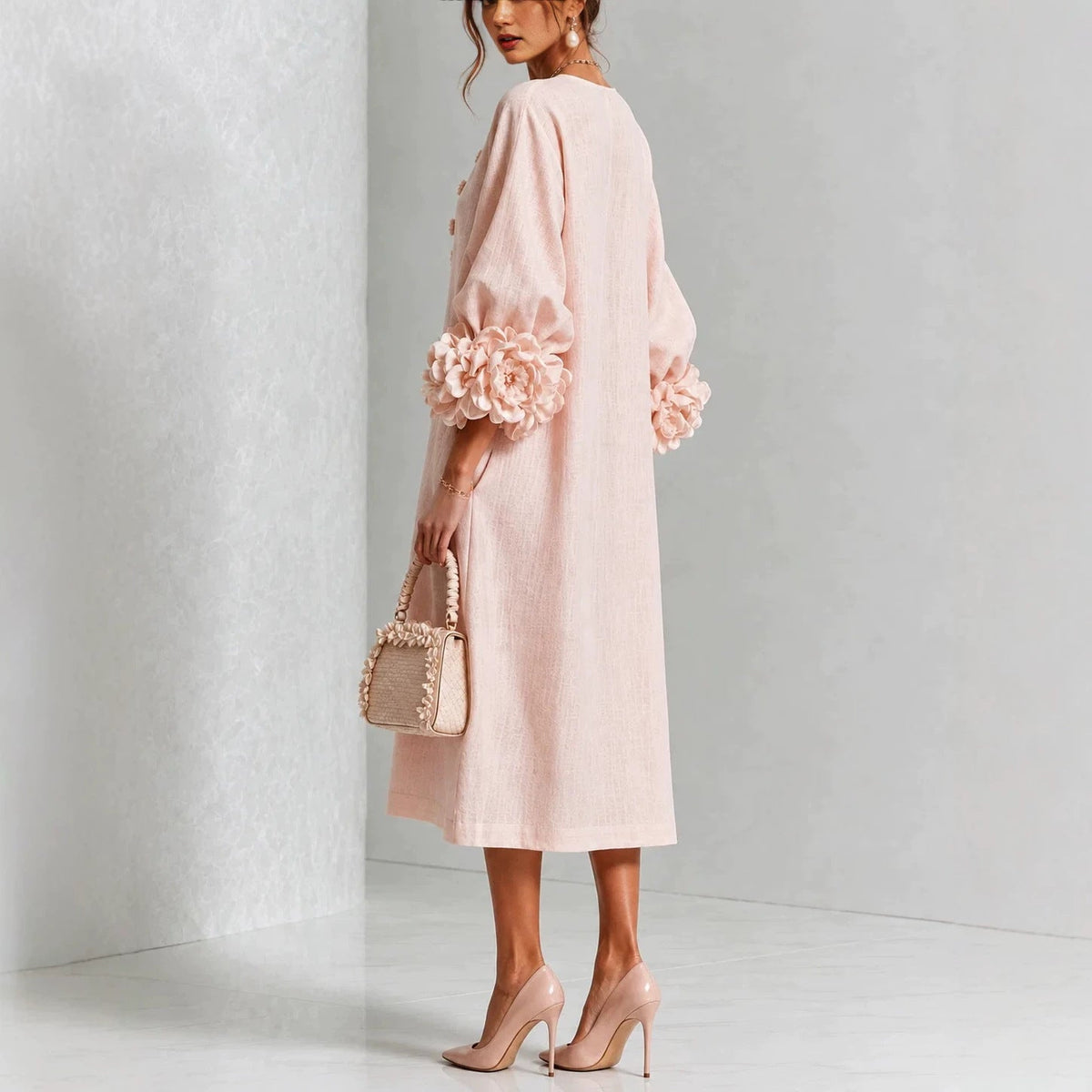 IVY - Vestido midi floral con mangas de rosa
