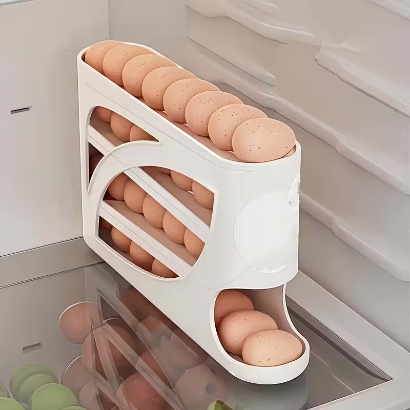 EggTower 30 — Organizador de huevos de 4 niveles para encimera y refrigerador (puerta lateral, 30 huevos, asa, acabado brillante)