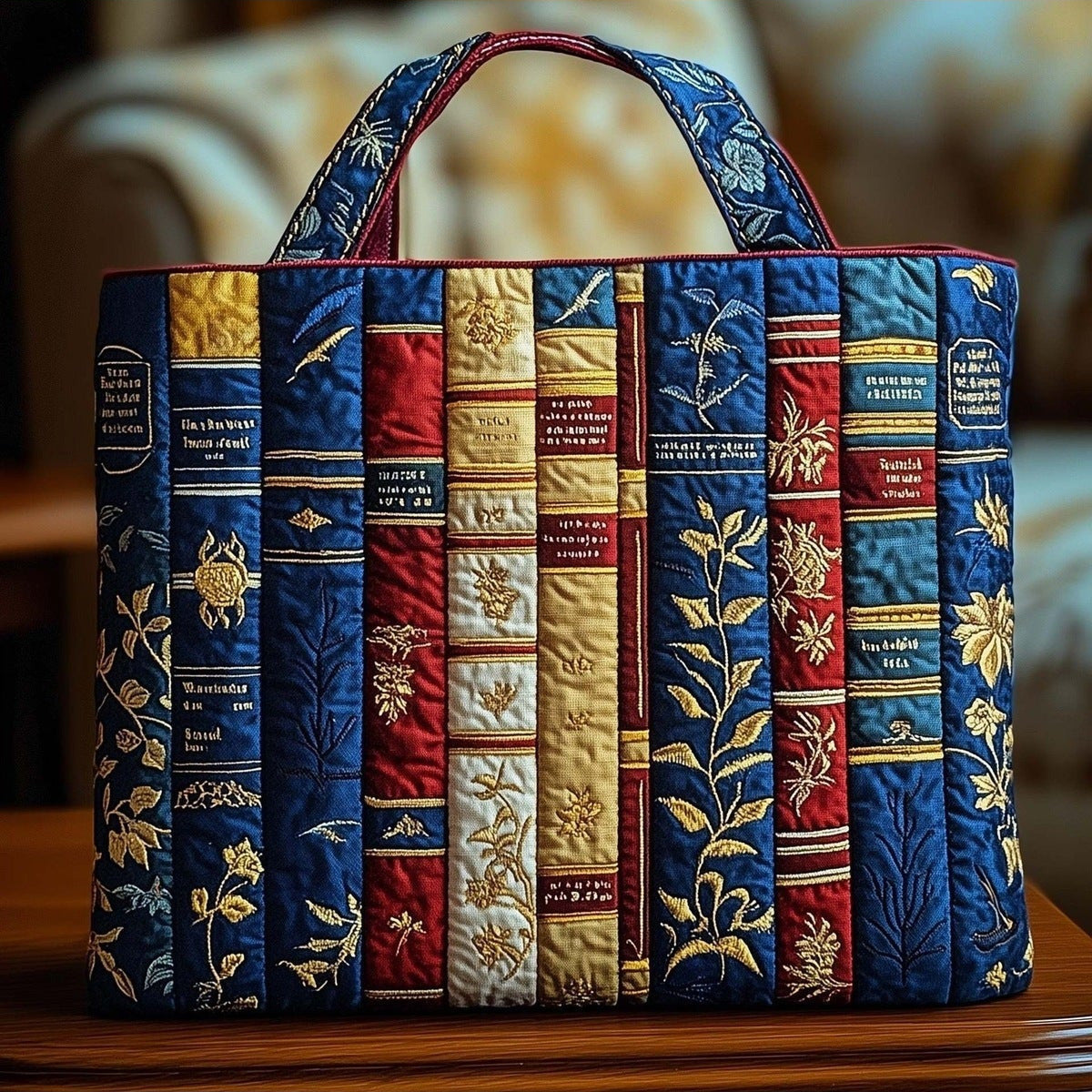 Fidelia | Bolso Tote Acolchado Libros y Flores en Azul Marino