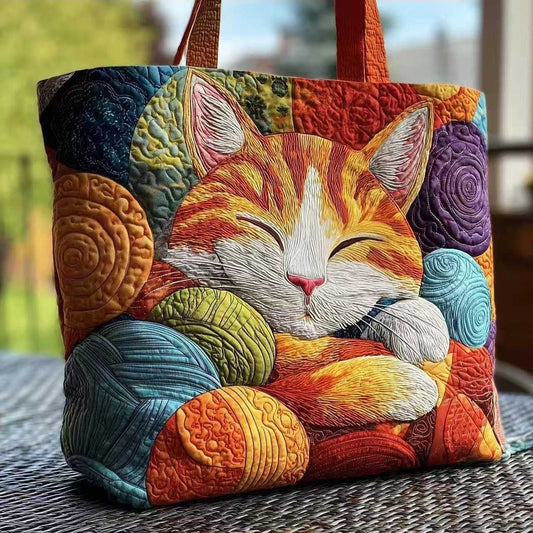 Halcyon | Bolso Tote Acolchado Gato Naranja y Ovillos de Lana