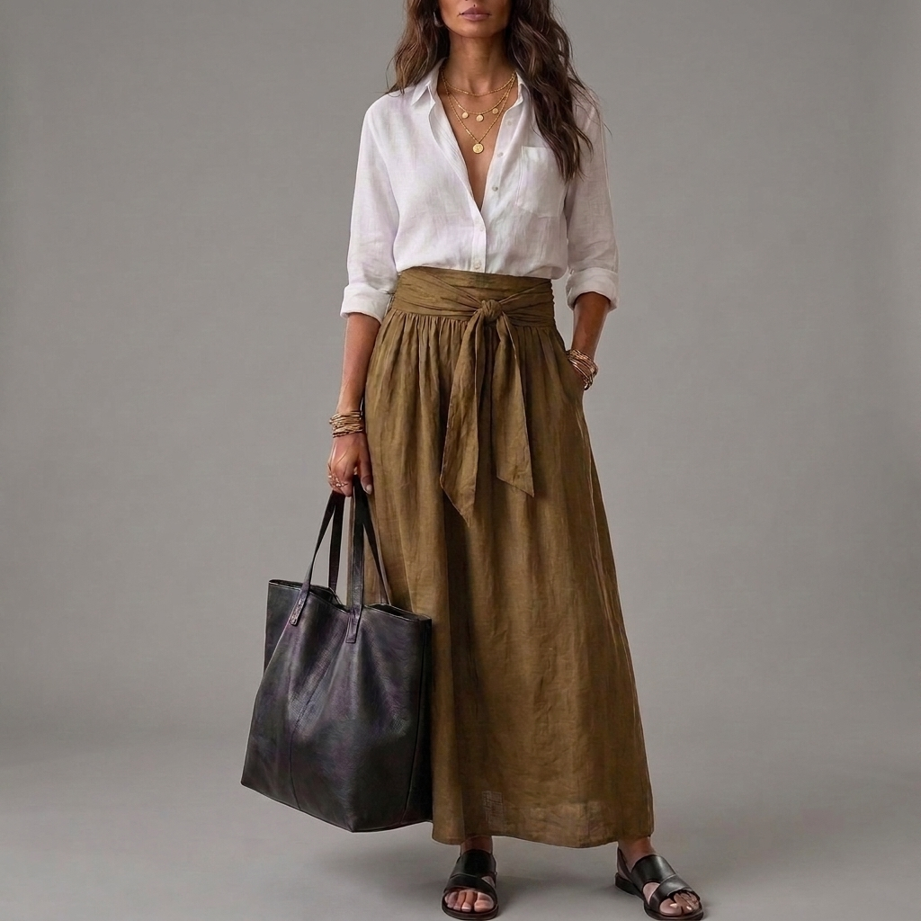 Malena | Conjunto de Dos Piezas: Blusa Negra y Falda Midi Verde Oliva