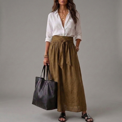 Malena | Conjunto de Dos Piezas: Blusa Negra y Falda Midi Verde Oliva