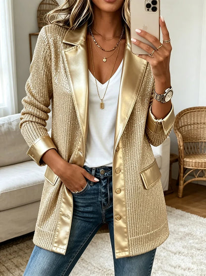 Aurora | Blazer de Punto Dorado con Ribetes de Polipiel
