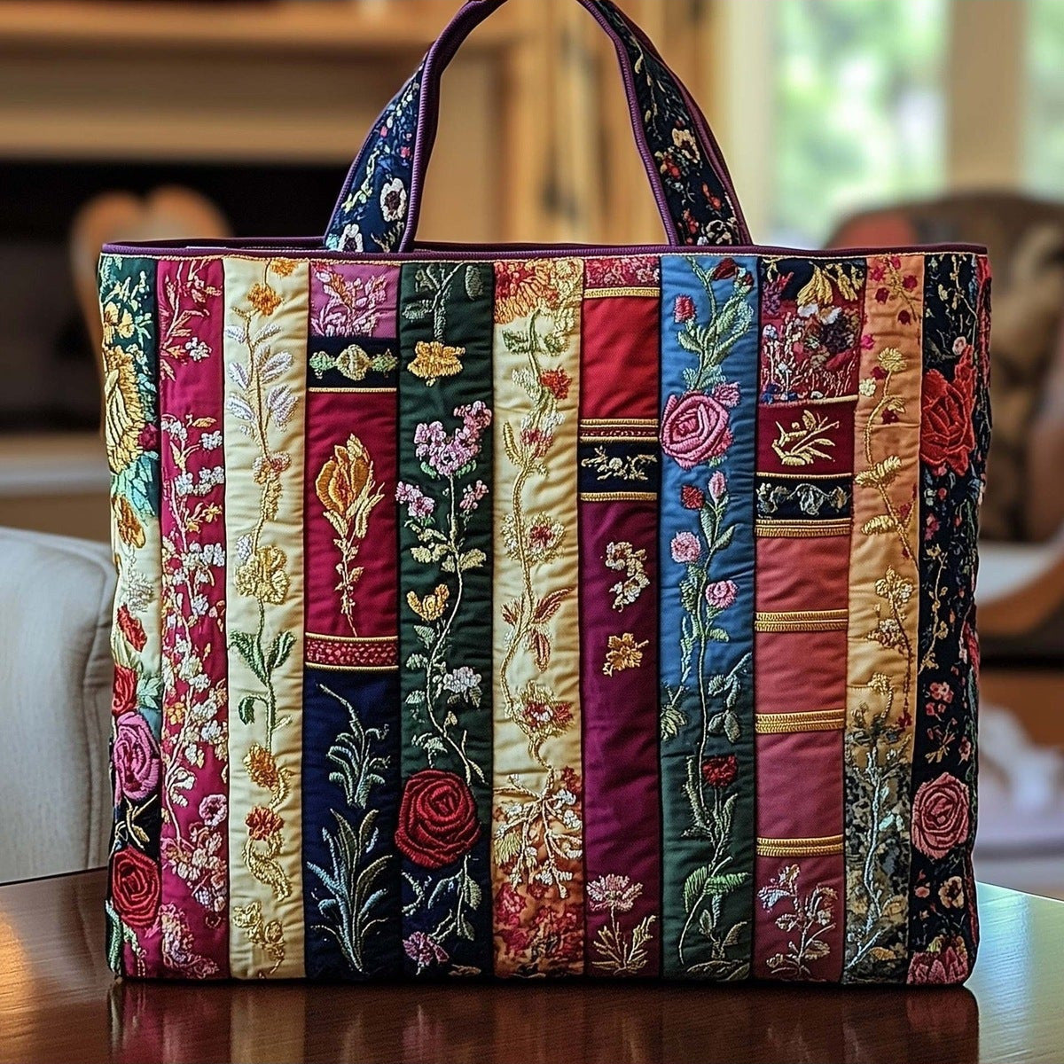 Petronilla | Bolso Tote Acolchado Libros y Flores en Burdeos