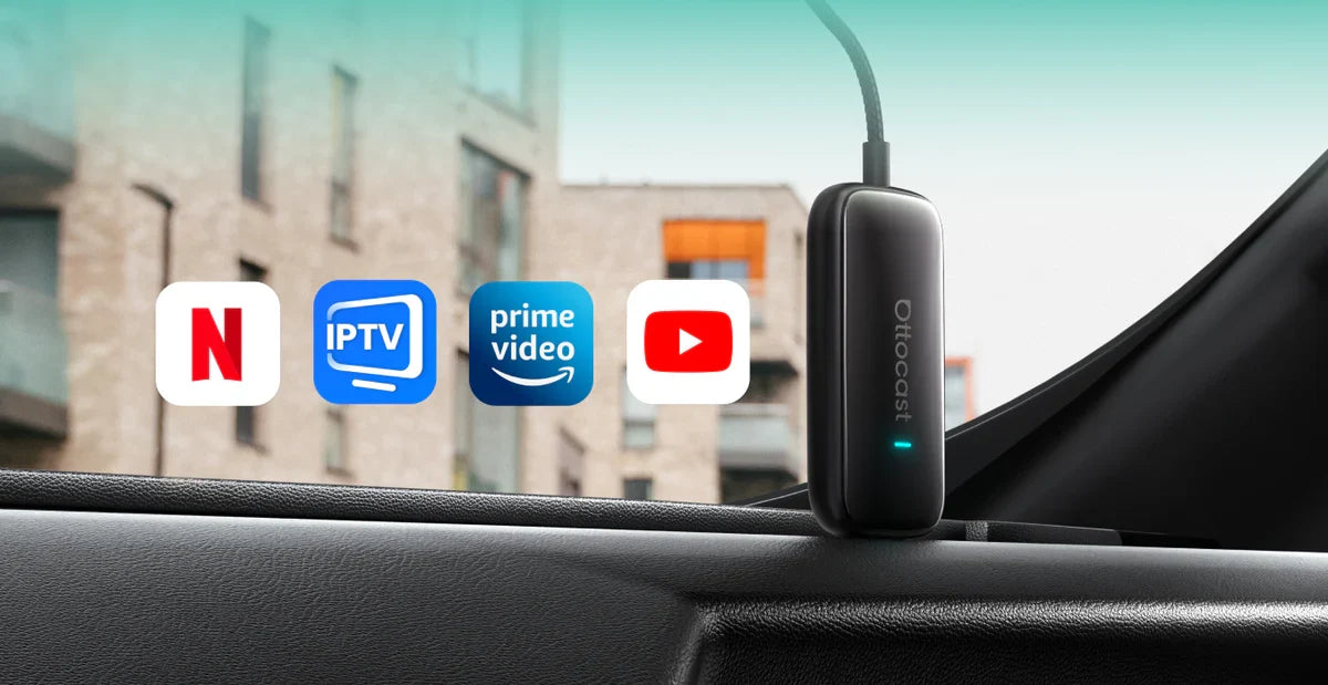 Play2Video Ultra 7” — Wireless Apple CarPlay & Android Auto Adapter with Built-in Touchscreen & Streaming Apps