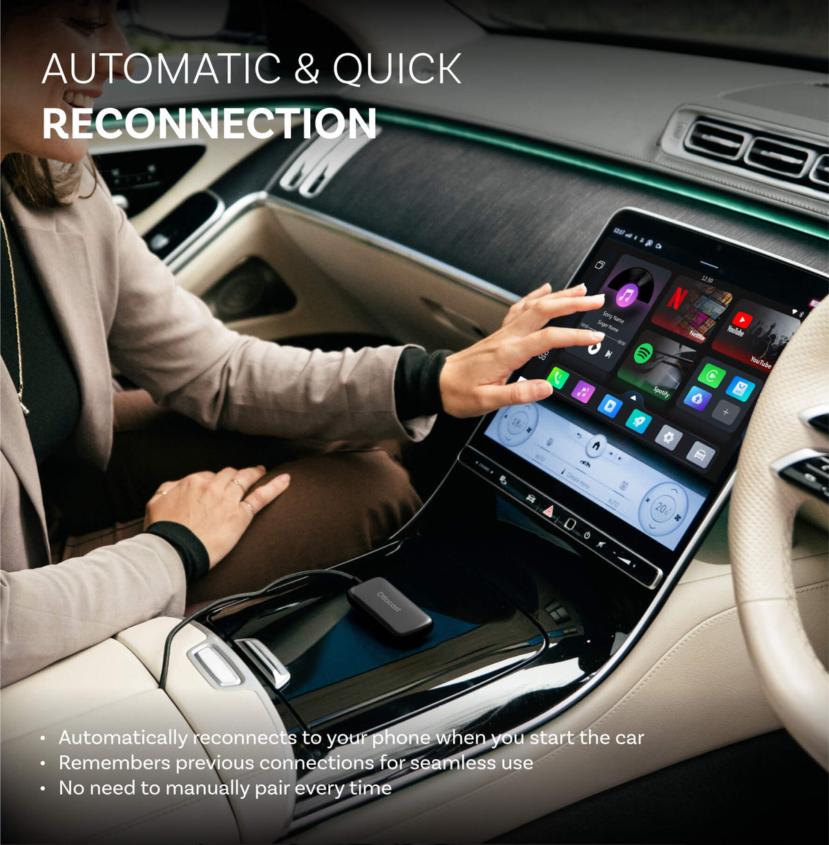 Play2Video Ultra 7” — Wireless Apple CarPlay & Android Auto Adapter with Built-in Touchscreen & Streaming Apps
